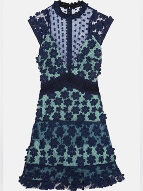 Self Portrait Floral Lace Fit & Flare Mini Dress in Navy and Mint